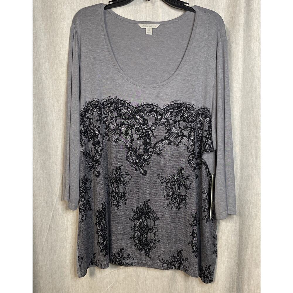Laura Ashley NWT 3X Top City Lights Gray/Black 3/4 Sleeve Scoop Neck Embellished